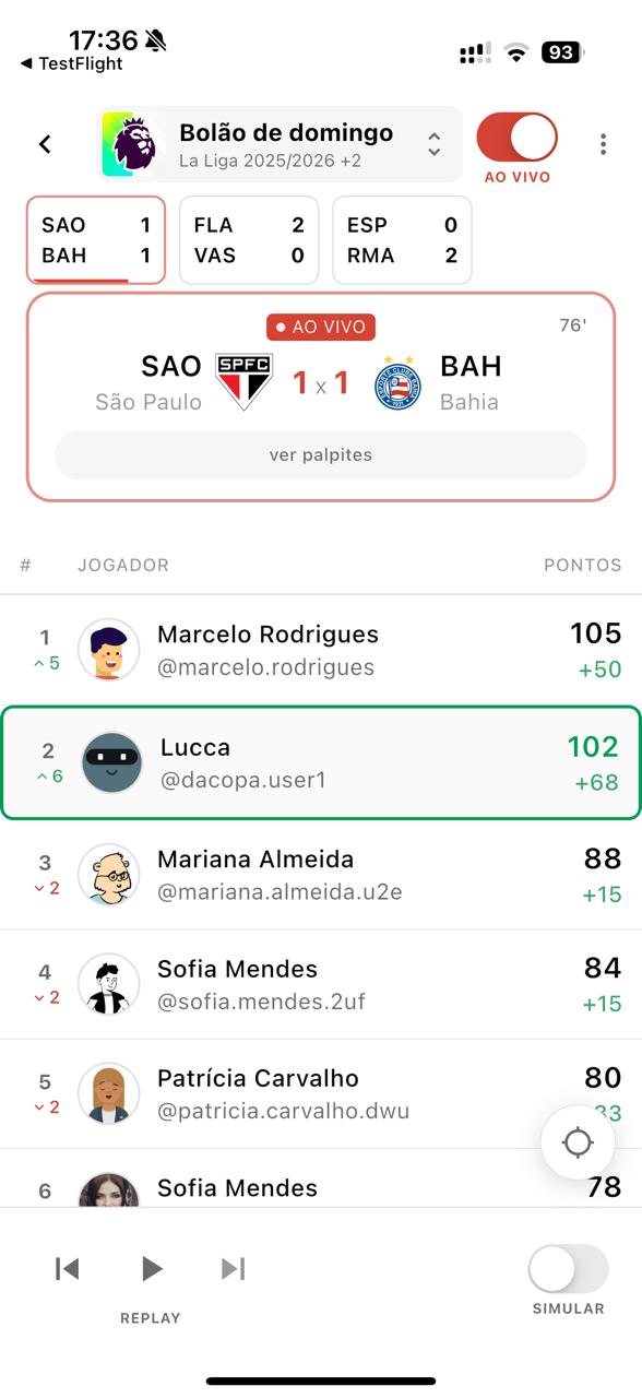 Classificação do bolão atualizando ao vivo no app Dacopa